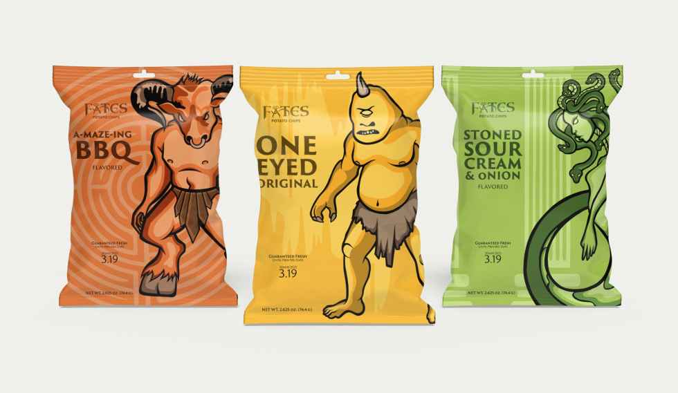 Fates薯片包裝設(shè)計(jì)通過(guò)插圖將神話(huà)人物栩栩如生地呈現(xiàn)出來(lái)
